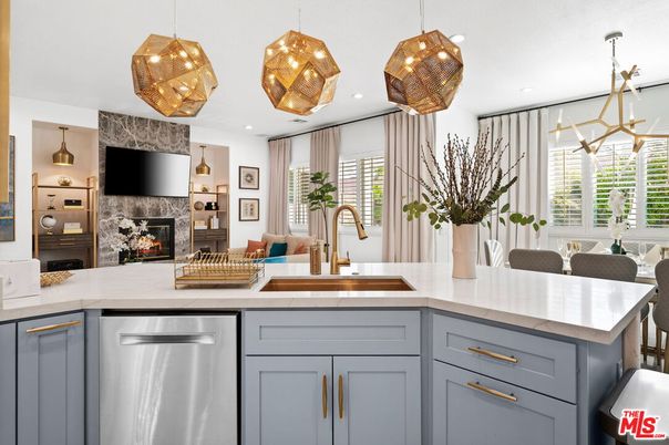 Fireplace, Interior, Kitchen, Pendant Lights, Recessed Lighting, Stainless Steel Appliances