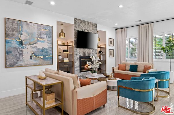 Fireplace, Interior, Living room, Pendant Lights, Recessed Lighting, Wood Texture Flooring