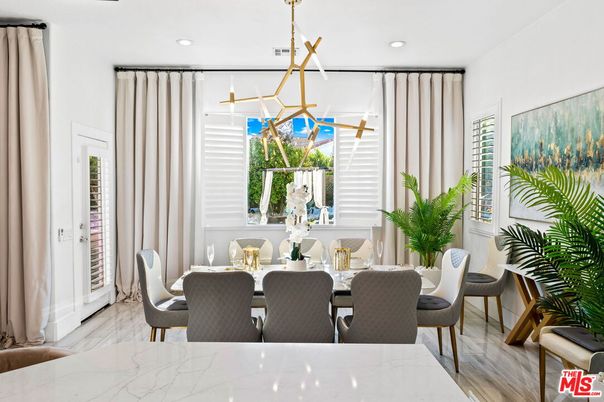Dining room, Interior, Marble, Pendant Lights, Recessed Lighting, Wood Texture Flooring