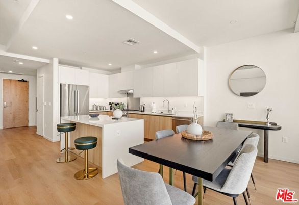Dining room, Interior, Kitchen, Recessed Lighting, Stainless Steel Appliances, Wood Texture Flooring