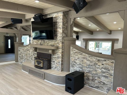 Fireplace, Interior, Recessed Lighting, Wooden Beams, Wood Texture Flooring
