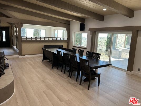 Dining room, Interior, Recessed Lighting, Wooden Beams, Wood Texture Flooring