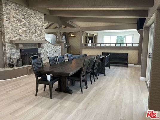 Dining room, Fireplace, Interior, Pendant Lights, Wooden Beams, Wood Texture Flooring