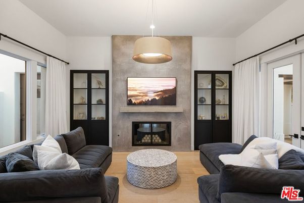 Fireplace, Interior, Living room, Pendant Lights, Wood Texture Flooring