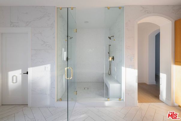 Bathroom, Glass Shower, Interior, Marble, Marble Walls, Wood Texture Flooring