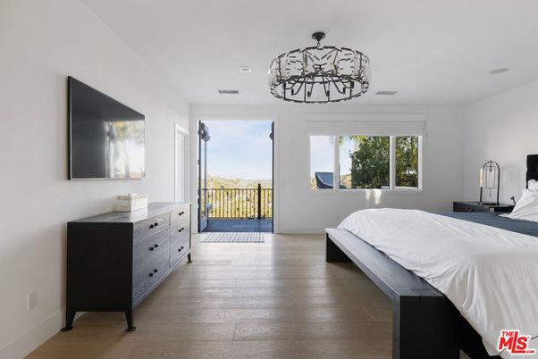 Bedroom, Chandelier, Interior, Recessed Lighting, Wood Texture Flooring