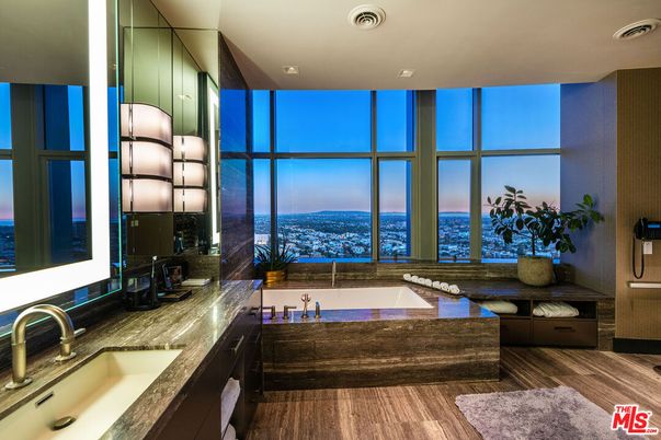Bathroom, Dual Sink Vanities, Interior, Recessed Lighting, Wood Texture Flooring