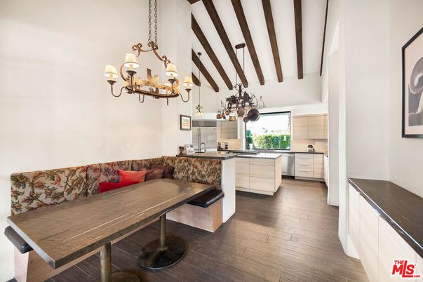 Chandelier, Interior, Kitchen, Wooden Beams, Wood Texture Flooring