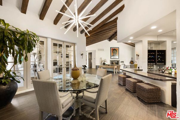 Dining room, Interior, Living room, Pendant Lights, Recessed Lighting, Wooden Beams, Wood Texture Flooring