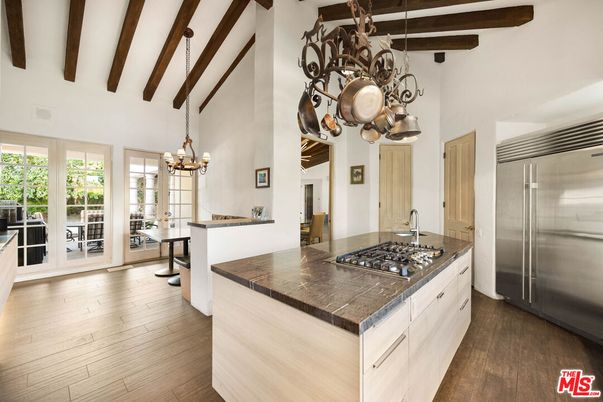 Chandelier, Interior, Kitchen, Pendant Lights, Stainless Steel Appliances, Wooden Beams, Wood Texture Flooring