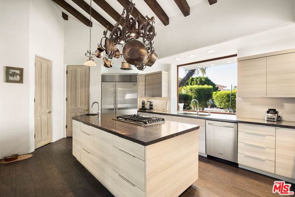 Interior, Kitchen, Pendant Lights, Recessed Lighting, Stainless Steel Appliances, Wooden Beams, Wood Texture Flooring
