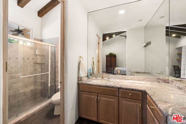 Bathroom, Glass Shower, Interior, Recessed Lighting, Wooden Beams