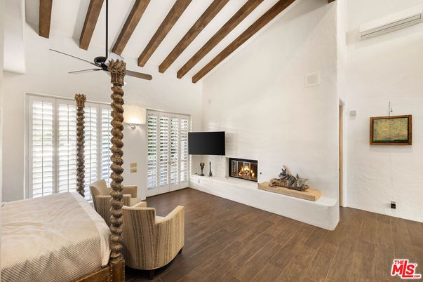 Bedroom, Fireplace, Interior, Wooden Beams, Wood Texture Flooring