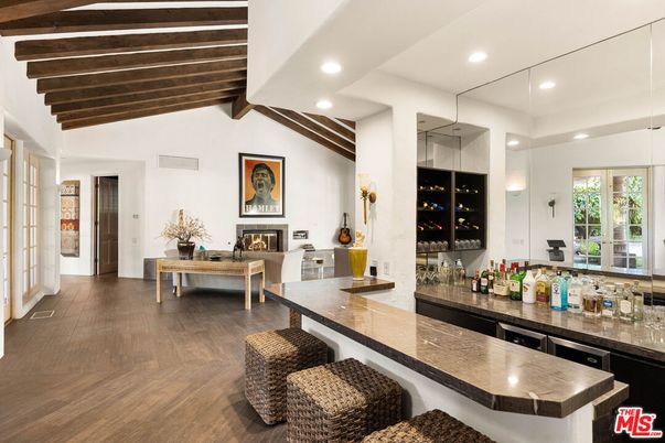 Fireplace, Interior, Pendant Lights, Recessed Lighting, Wooden Beams, Wood Texture Flooring