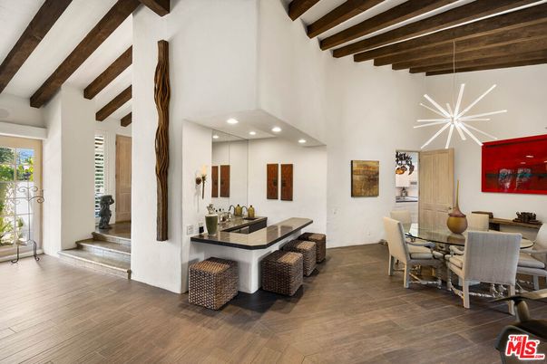 Dining room, Interior, Pendant Lights, Recessed Lighting, Wooden Beams, Wood Texture Flooring