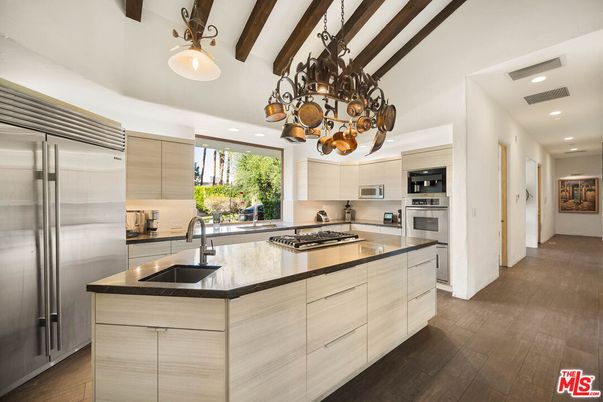 Chandelier, Interior, Kitchen, Pendant Lights, Recessed Lighting, Stainless Steel Appliances, Wooden Beams, Wood Texture Flooring