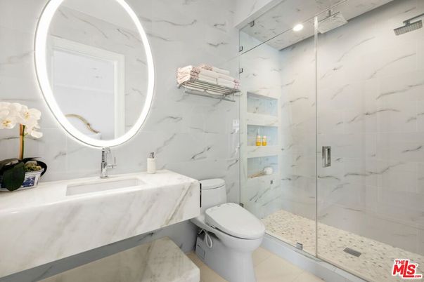 Bathroom, Glass Shower, Interior, Marble Walls, Recessed Lighting