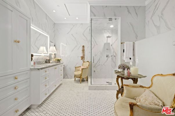 Bathroom, Glass Shower, Interior, Marble Walls, Recessed Lighting
