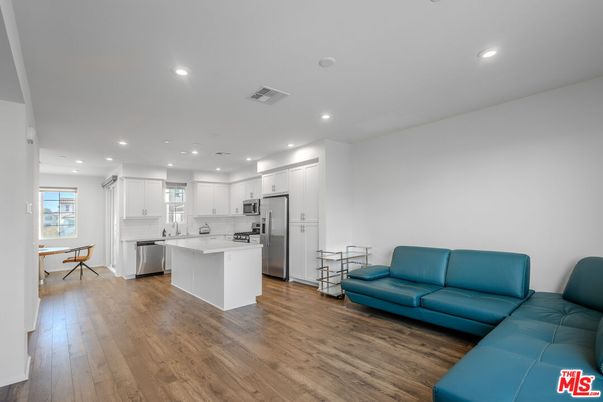 Interior, Kitchen, Living room, Recessed Lighting, Stainless Steel Appliances, Wood Texture Flooring