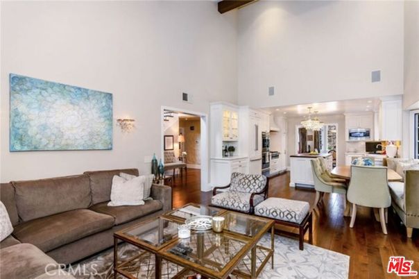 Chandelier, Dining room, Interior, Kitchen, Living room, Recessed Lighting, Stainless Steel Appliances, Wooden Beams, Wood Texture Flooring