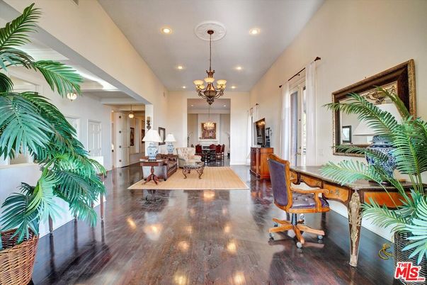 Chandelier, Home Office, Interior, Pendant Lights, Recessed Lighting, Wood Texture Flooring