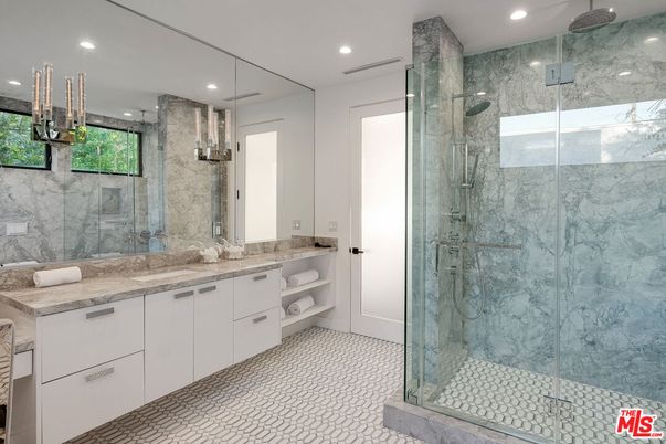 Bathroom, Dual Sink Vanities, Glass Shower, Interior, Marble Walls, Recessed Lighting