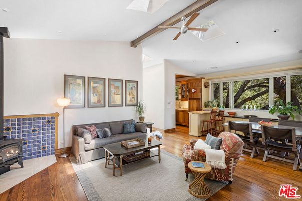 Dining room, Fireplace, Interior, Living room, Recessed Lighting, Wooden Beams, Wood Texture Flooring