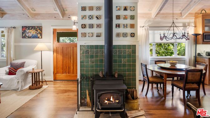 Dining room, Fireplace, Interior, Pendant Lights, Wooden Beams, Wooden Ceilings, Wood Texture Flooring