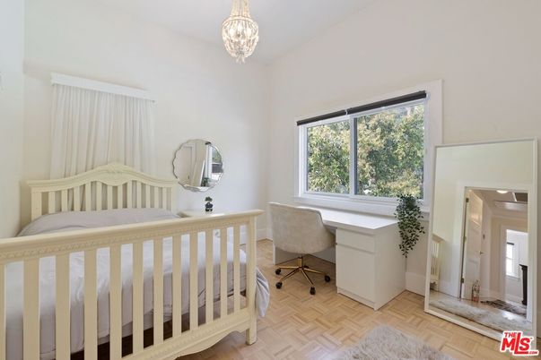 Bedroom, Chandelier, Home Office, Interior, Wood Texture Flooring