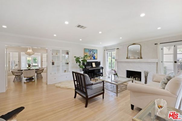 Dining room, Fireplace, Interior, Living room, Pendant Lights, Piano, Recessed Lighting, Wood Texture Flooring