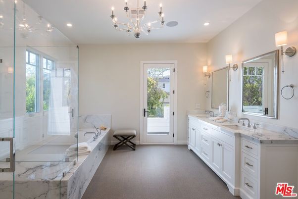 Bathroom, Chandelier, Dual Sink Vanities, Glass Shower, Interior, Recessed Lighting