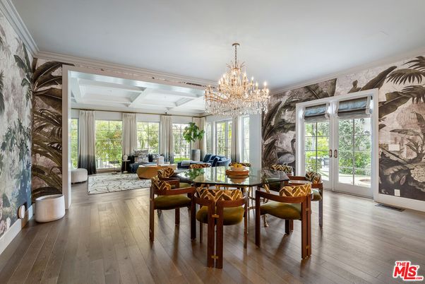 Chandelier, Dining room, Fireplace, Interior, Living room, Wood Texture Flooring