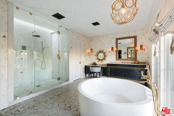Bathroom, Free Standing Baths, Glass Shower, Interior, Marble Walls