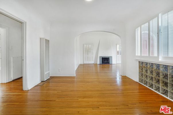 Empty room, Fireplace, Interior, Recessed Lighting, Wood Texture Flooring