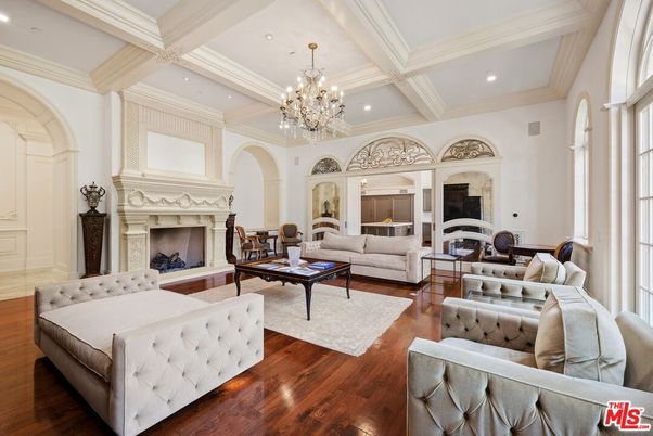 Chandelier, Fireplace, Interior, Living room, Recessed Lighting, Wood Texture Flooring