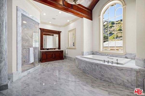 Bathroom, Glass Shower, Interior, Marble, Marble Walls, Recessed Lighting