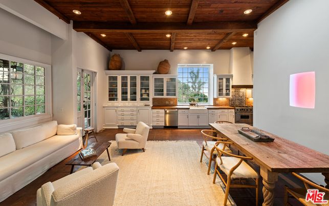 Interior, Kitchen, Living room, Recessed Lighting, Stainless Steel Appliances, Wooden Beams, Wooden Ceilings, Wood Texture Flooring