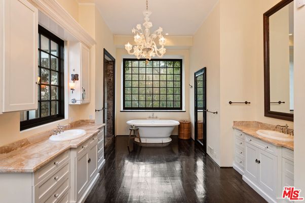 Bathroom, Chandelier, Dual Sink Vanities, Free Standing Baths, Interior, Recessed Lighting, Wood Texture Flooring