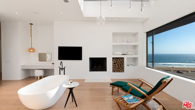 Fireplace, Interior, Pendant Lights, Recessed Lighting, Water, Wood Texture Flooring