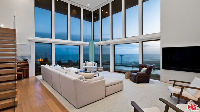 Fireplace, Interior, Living room, Recessed Lighting, Water, Wood Texture Flooring