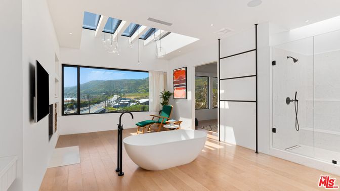 Bathroom, Free Standing Baths, Glass Ceilings, Glass Shower, Interior, Recessed Lighting, Wood Texture Flooring