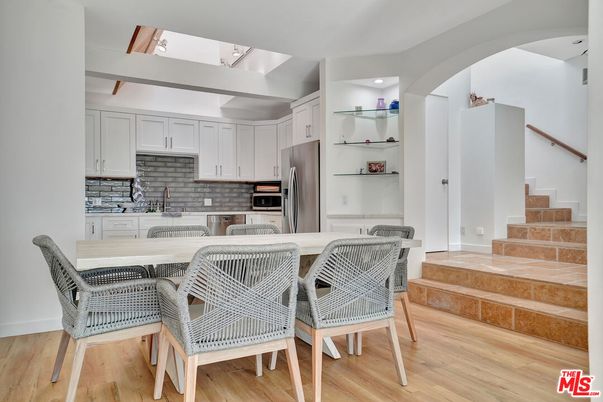Dining room, Interior, Kitchen, Recessed Lighting, Stainless Steel Appliances, Wood Texture Flooring