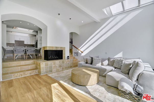 Fireplace, Interior, Kitchen, Living room, Recessed Lighting, Wood Texture Flooring