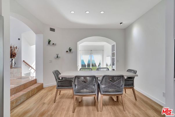 Dining room, Interior, Recessed Lighting, Wood Texture Flooring