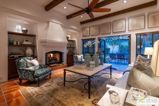 Fireplace, Interior, Living room, Recessed Lighting, Wooden Beams