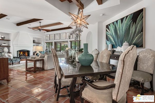 Dining room, Fireplace, Interior, Living room, Pendant Lights, Recessed Lighting, Wooden Beams