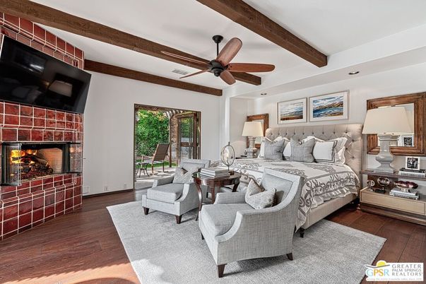 Bedroom, Fireplace, Interior, Recessed Lighting, Wooden Beams, Wood Texture Flooring