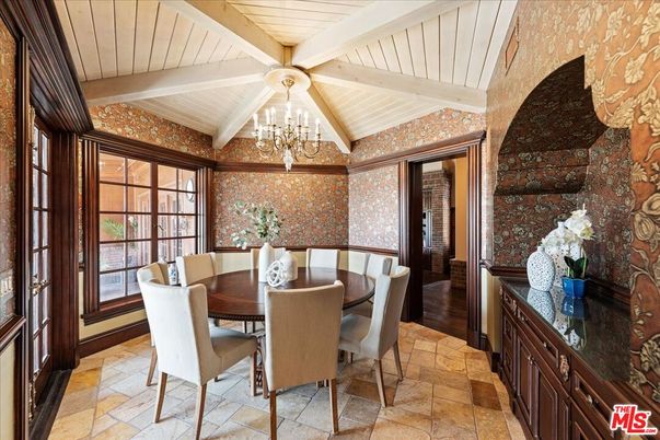 Chandelier, Dining room, Interior, Wooden Beams