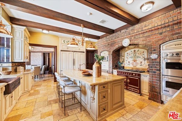 Interior, Kitchen, Pendant Lights, Recessed Lighting, Stainless Steel Appliances, Stone Walls, Wooden Beams