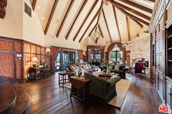 Fireplace, Interior, Living room, Recessed Lighting, Stone Walls, Wooden Beams, Wood Texture Flooring